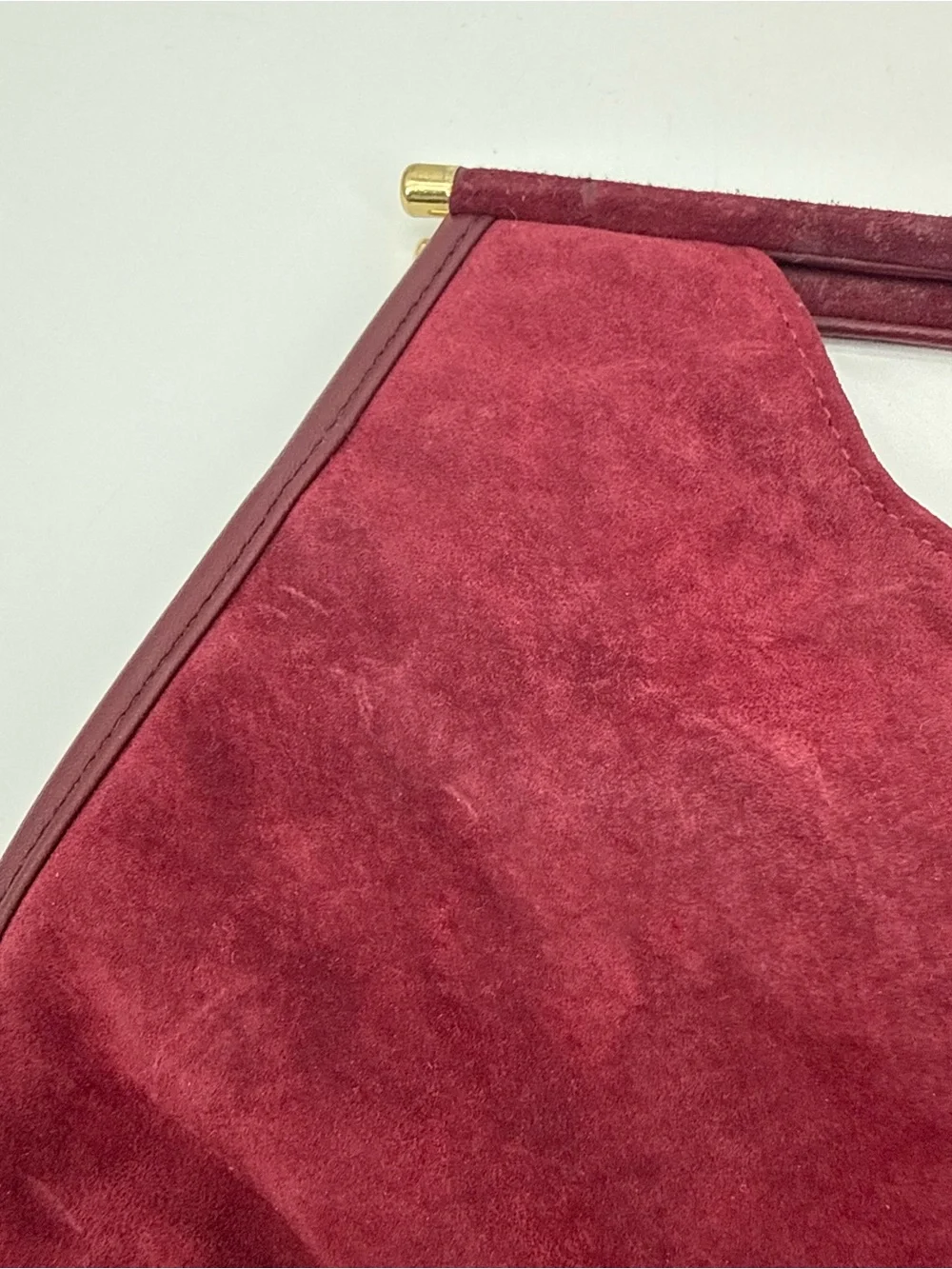 Vintage Burgundy Suede Top Handle Handbag Gold Hardware Structured Purse